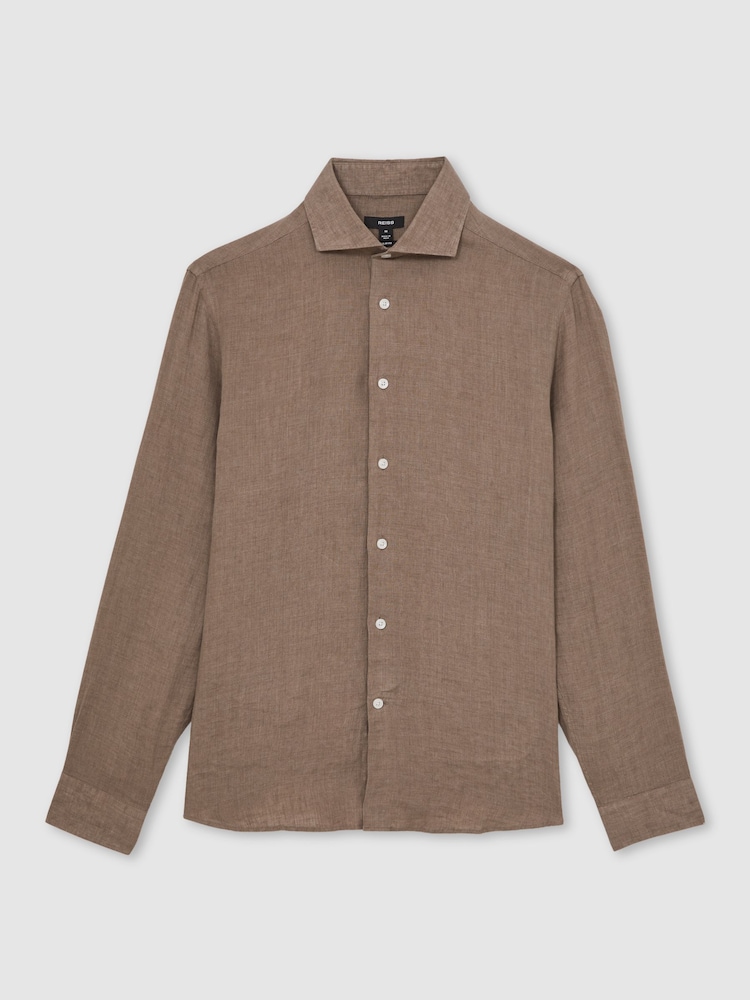 Reiss Light Taupe Brown Ruban Linen Cutaway-Collar Shirt - Image 2 of 6 Reiss Light Taupe Brown Ruban Linen Cutaway-Collar Shirt - Image 2 of 6
