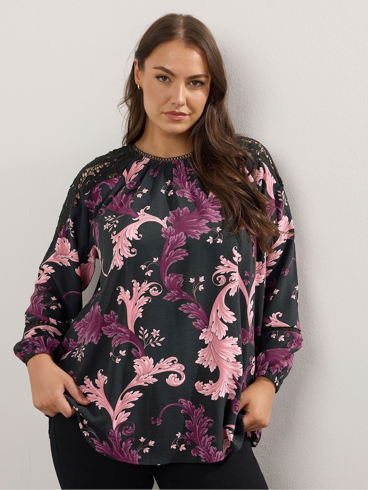 Yours Curve Charcoal Black Lace Raglan Blouse - Image 1 of 5