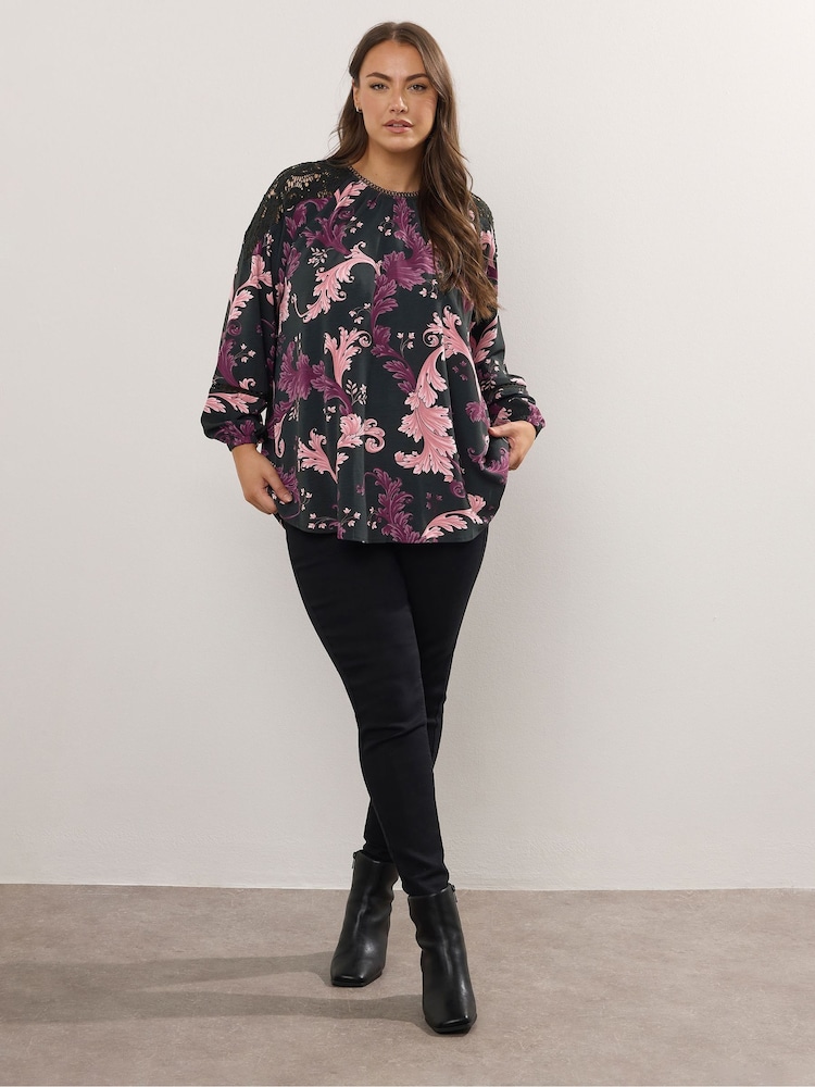 Yours Curve Charcoal Black Lace Raglan Blouse - Image 2 of 5
