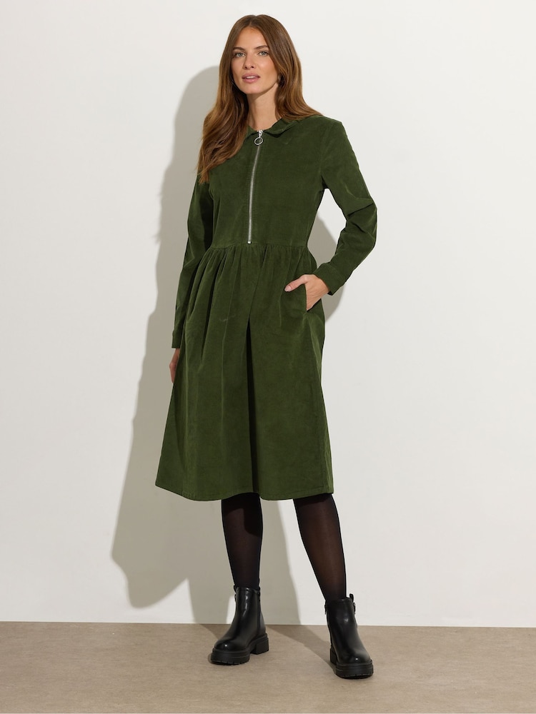 M&Co Green Cord Zip Half Placket Dress - Image 2 of 5 M&Co Green Cord Zip Half Placket Dress - Image 2 of 5
