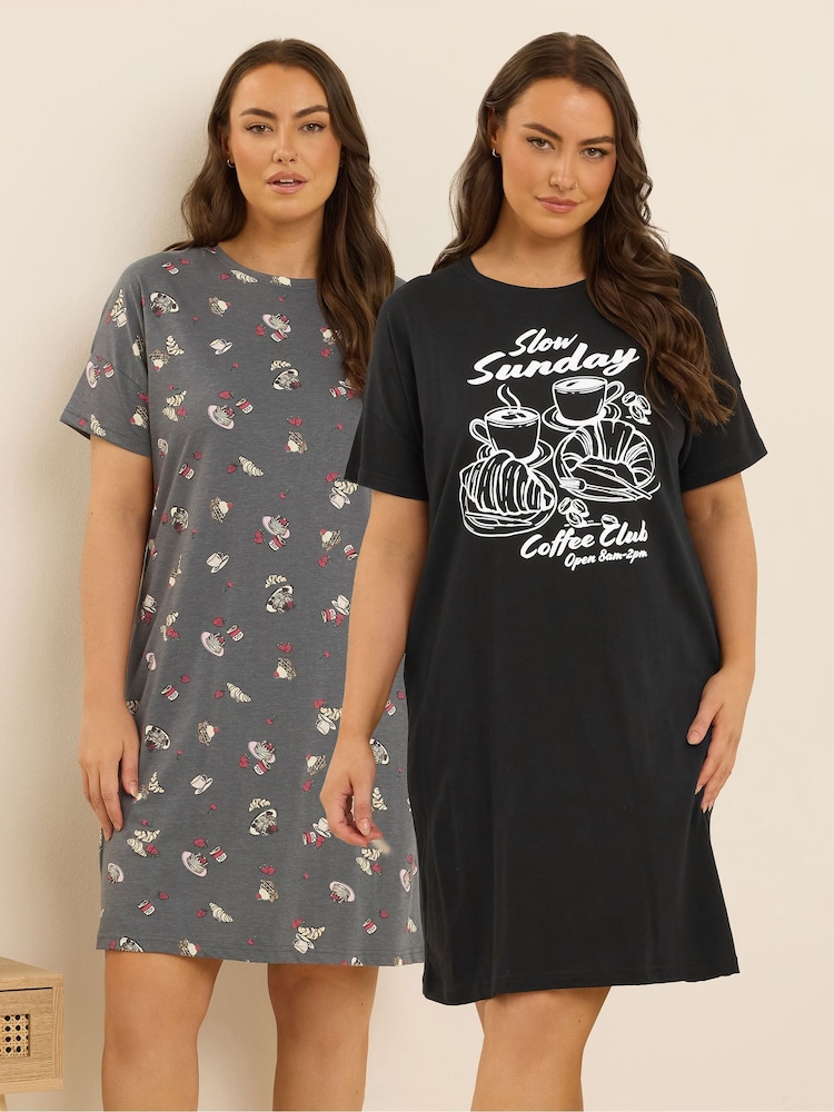 Yours Curve Black Coffee Club Sleep T-Shirts 2 Pack - Image 1 of 8