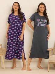 Yours Curve Grey Shine Stars Midaxi Nightdress 2 Pack - Image 4 of 8
