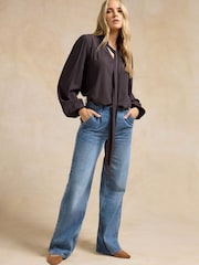Long Tall Sally Brown Acid Wash Tie Neck Top - Image 1 of 6