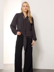 Long Tall Sally Brown Acid Wash Tie Neck Top - Image 5 of 6