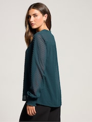 Long Tall Sally Blue Dobby Spot Shirred Cuff Blouse - Image 3 of 5