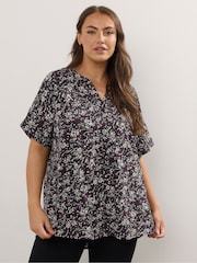 Yours Curve Black Short Sleeve Notch Neck Top - Image 1 of 5