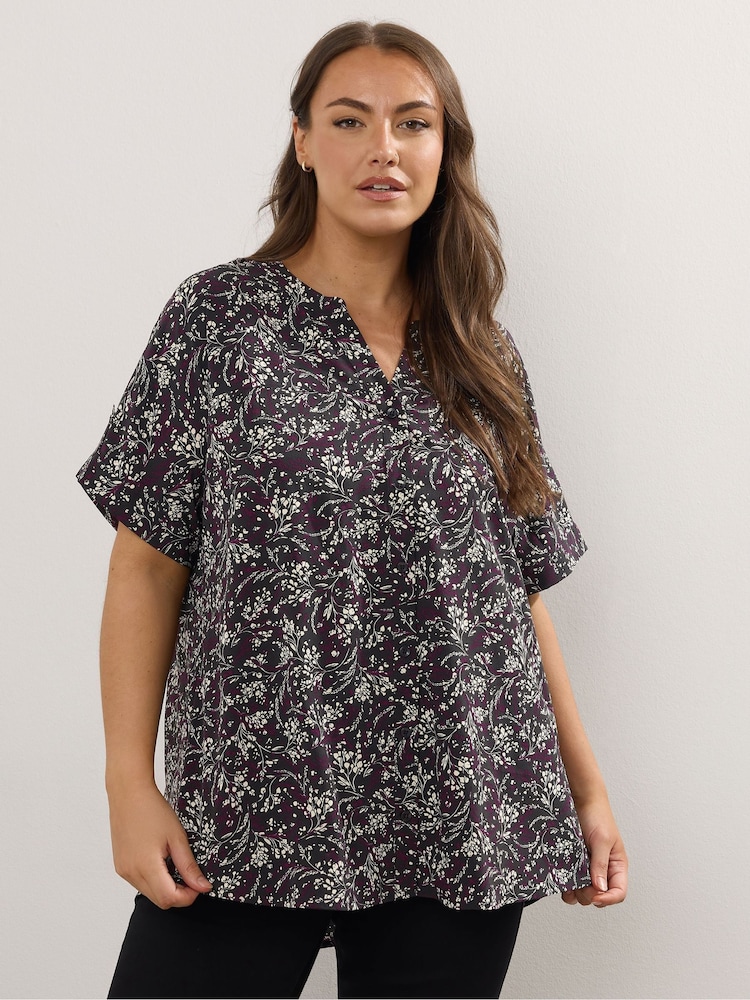 Yours Curve Black Short Sleeve Notch Neck Top - Image 1 of 5
