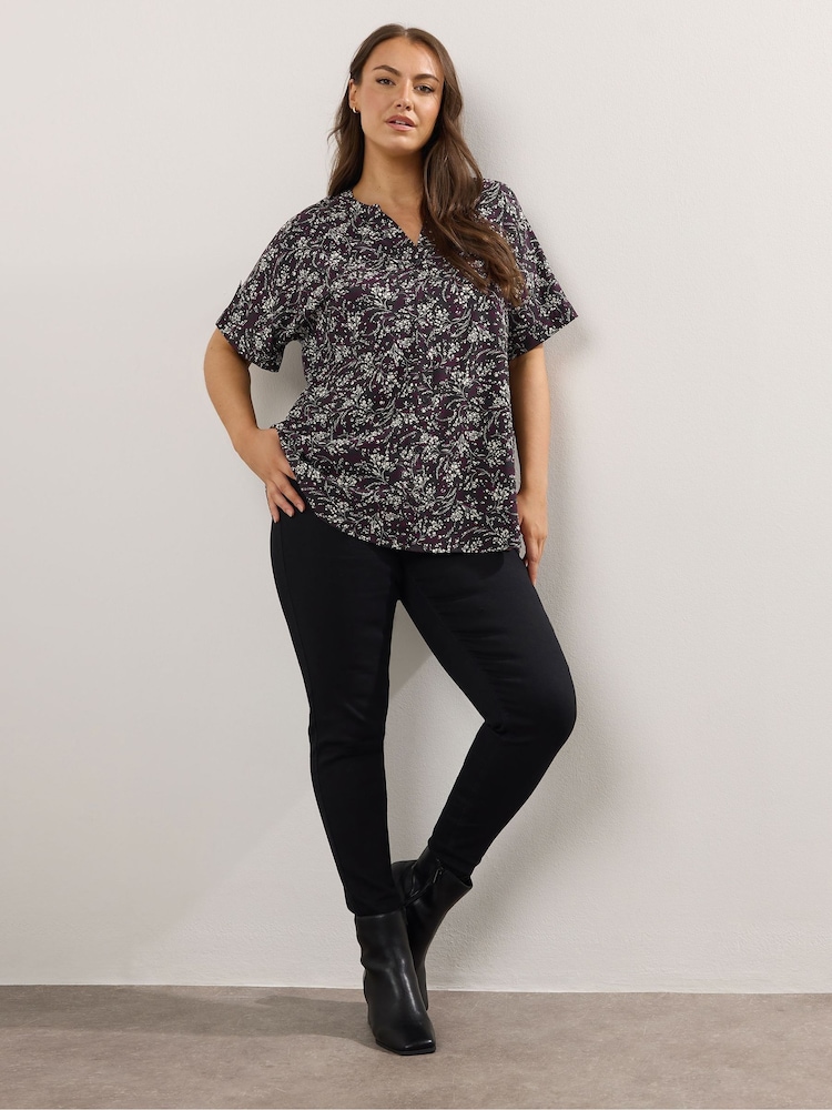 Yours Curve Black Short Sleeve Notch Neck Top - Image 2 of 5
