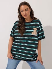 Yours Curve Green Stripe T-Shirt With Pocket - Image 1 of 5