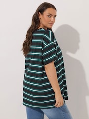 Yours Curve Green Stripe T-Shirt With Pocket - Image 2 of 5