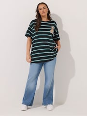 Yours Curve Green Stripe T-Shirt With Pocket - Image 3 of 5