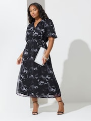 Yours Curve Grey London Blurred Floral Print Puff Sleeve Short Dress - Image 1 of 5