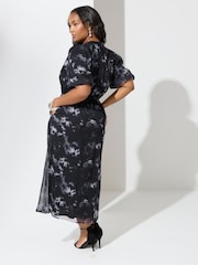 Yours Curve Grey London Blurred Floral Print Puff Sleeve Short Dress - Image 2 of 5