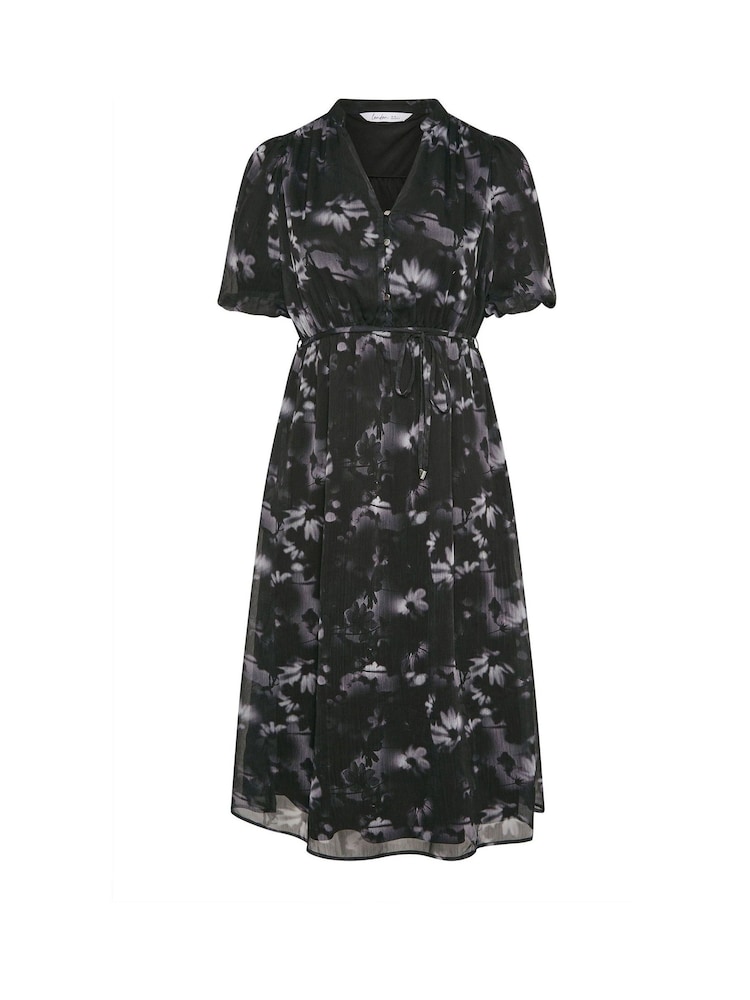 Yours Curve Grey London Blurred Floral Print Puff Sleeve Short Dress - Image 5 of 5