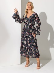 Yours Curve Black London Floral Print V-Neck Ruffle Tiered Dress - Image 1 of 5
