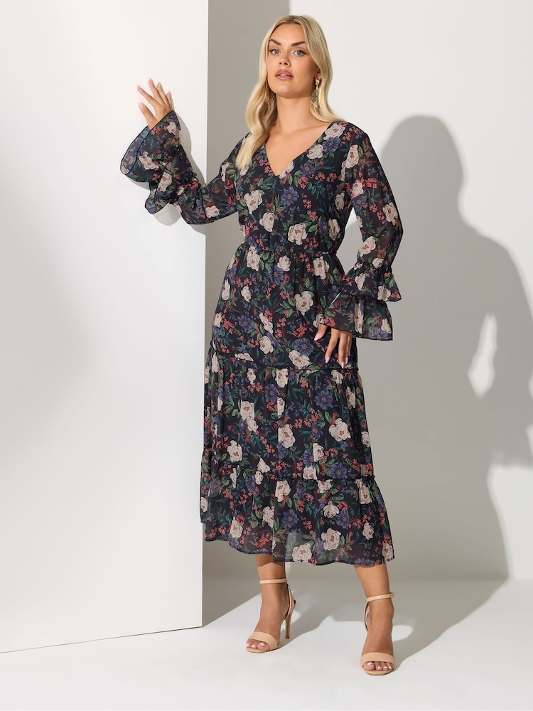 Yours Curve Black London Floral Print V-Neck Ruffle Tiered Dress - Image 1 of 5
