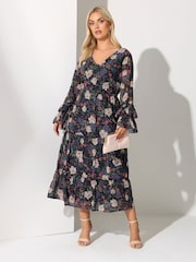 Yours Curve Black London Floral Print V-Neck Ruffle Tiered Dress - Image 2 of 5