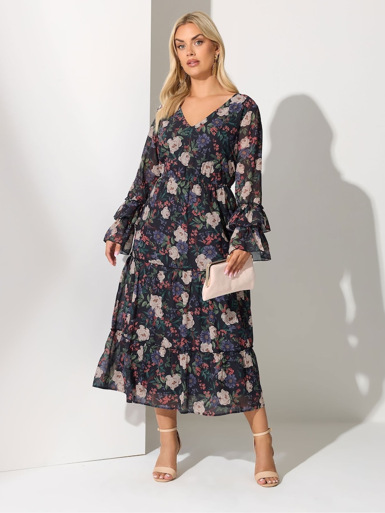Yours Curve Black London Floral Print V-Neck Ruffle Tiered Dress - Image 2 of 5
