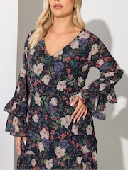 Yours Curve Black London Floral Print V-Neck Ruffle Tiered Dress - Image 4 of 5
