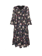 Yours Curve Black London Floral Print V-Neck Ruffle Tiered Dress - Image 5 of 5