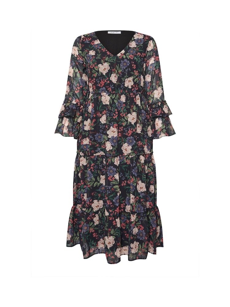 Yours Curve Black London Floral Print V-Neck Ruffle Tiered Dress - Image 5 of 5