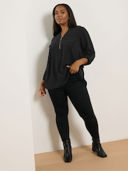 Yours Curve Black Zip Notch Neck Blouse - Image 2 of 5