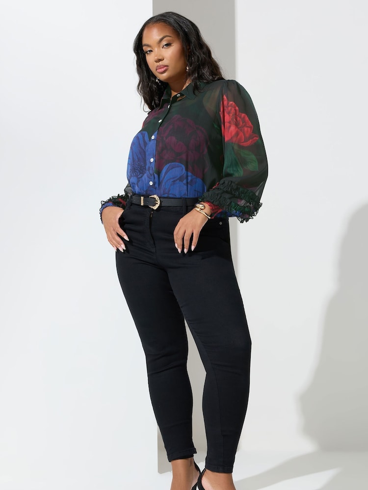Yours Curve Black London Cuffed Ruffle Shirt - Image 2 of 5