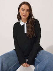 Yours Curve Black Long Sleeve Collar Rugby Top - Image 1 of 6