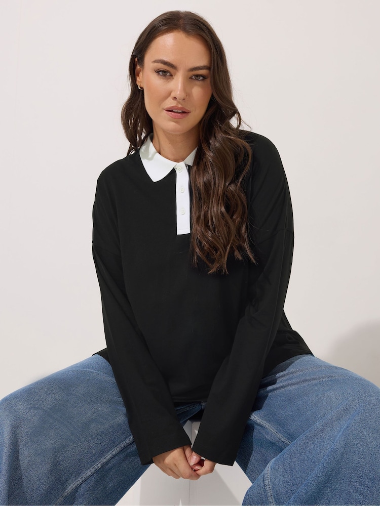 Yours Curve Black Long Sleeve Collar Rugby Top - Image 1 of 6