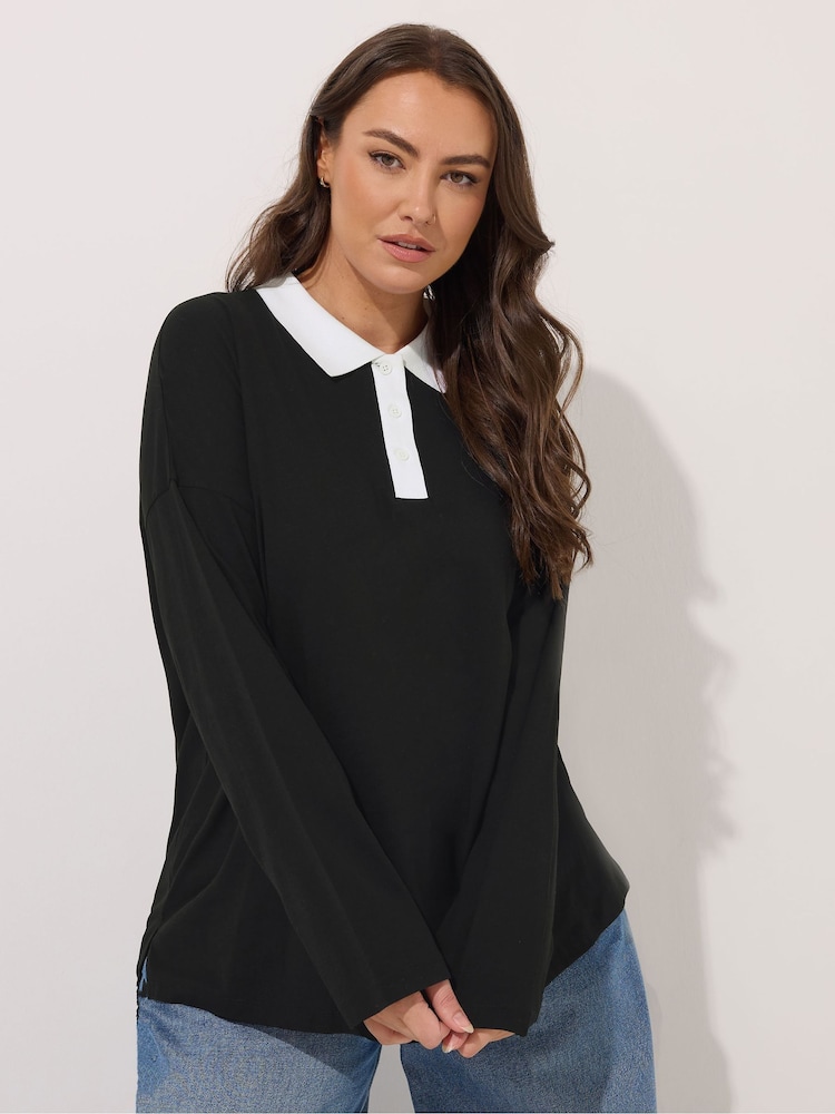 Yours Curve Black Long Sleeve Collar Rugby Top - Image 2 of 6
