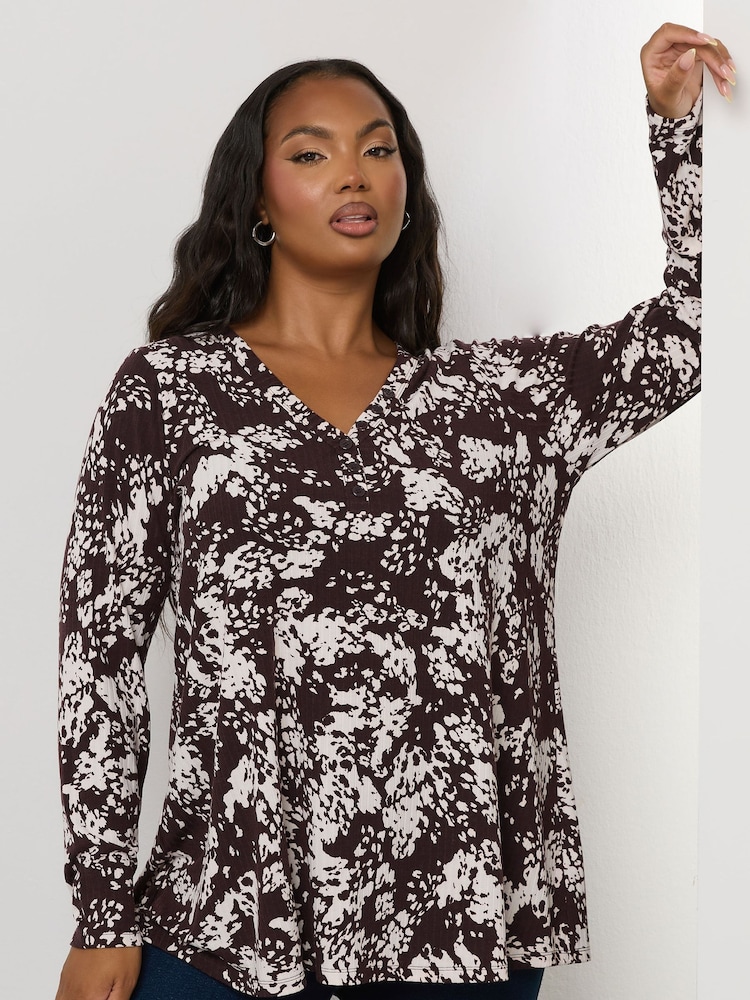 Yours Curve Brown Henley Ribbed Swing Top - Image 1 of 5 Yours Curve Brown Henley Ribbed Swing Top - Image 1 of 5