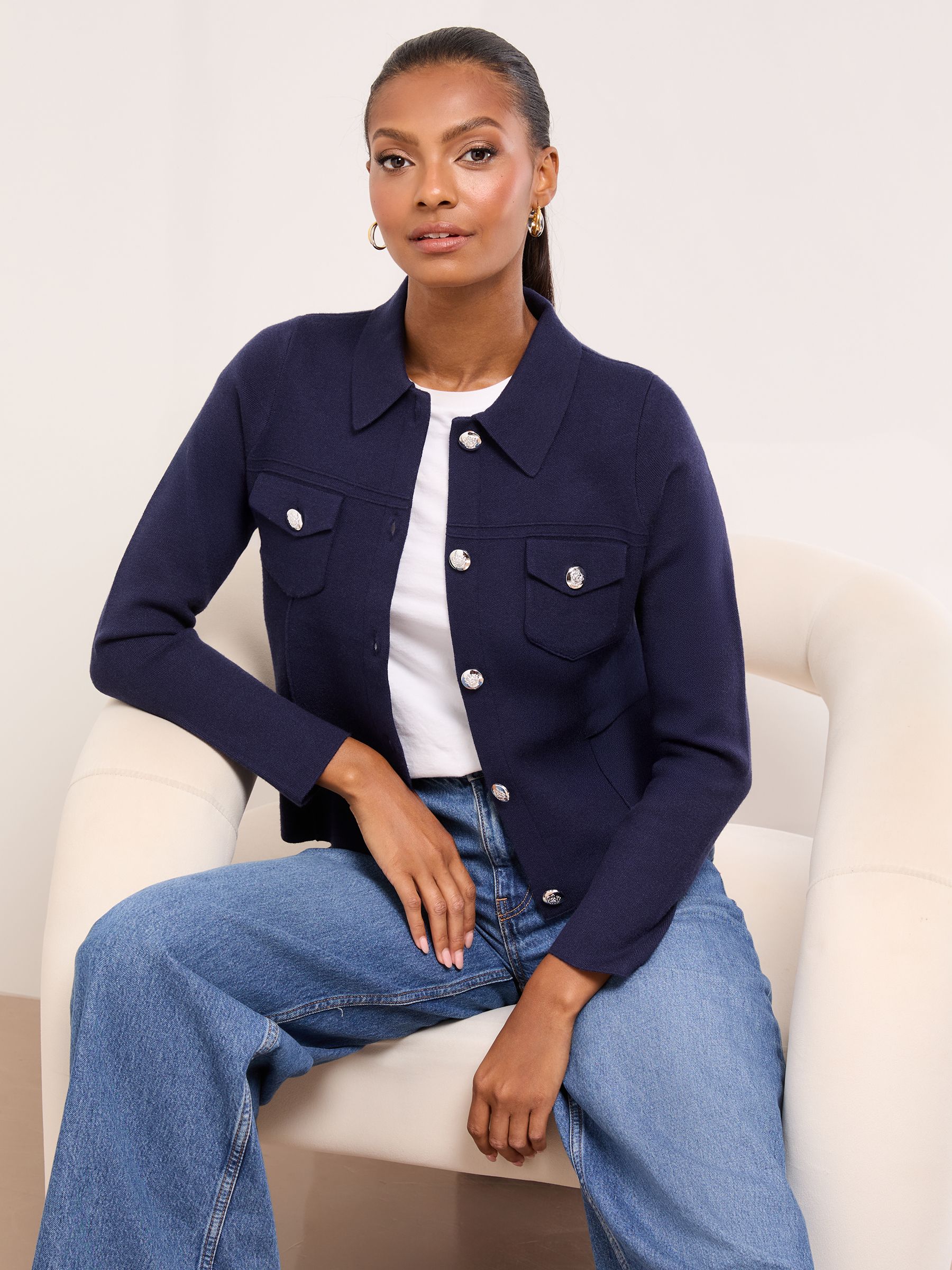 Buy Lipsy Navy Blue Collared Military Long Sleeve Knitted Cardigan