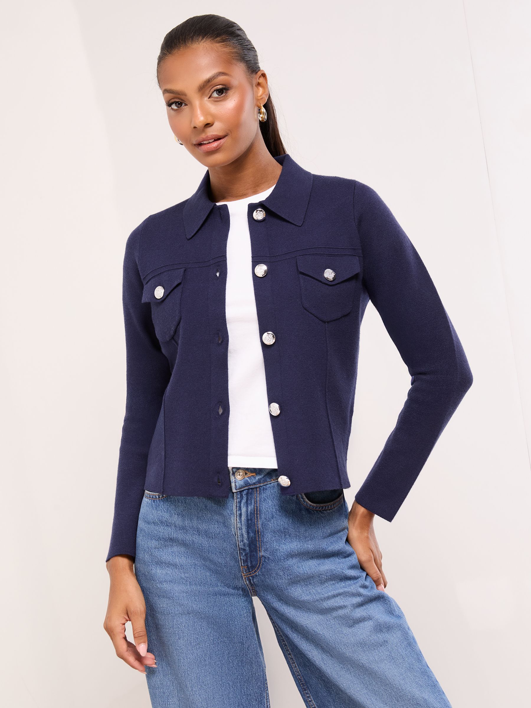 Buy Lipsy Navy Blue Collared Military Long Sleeve Knitted Cardigan