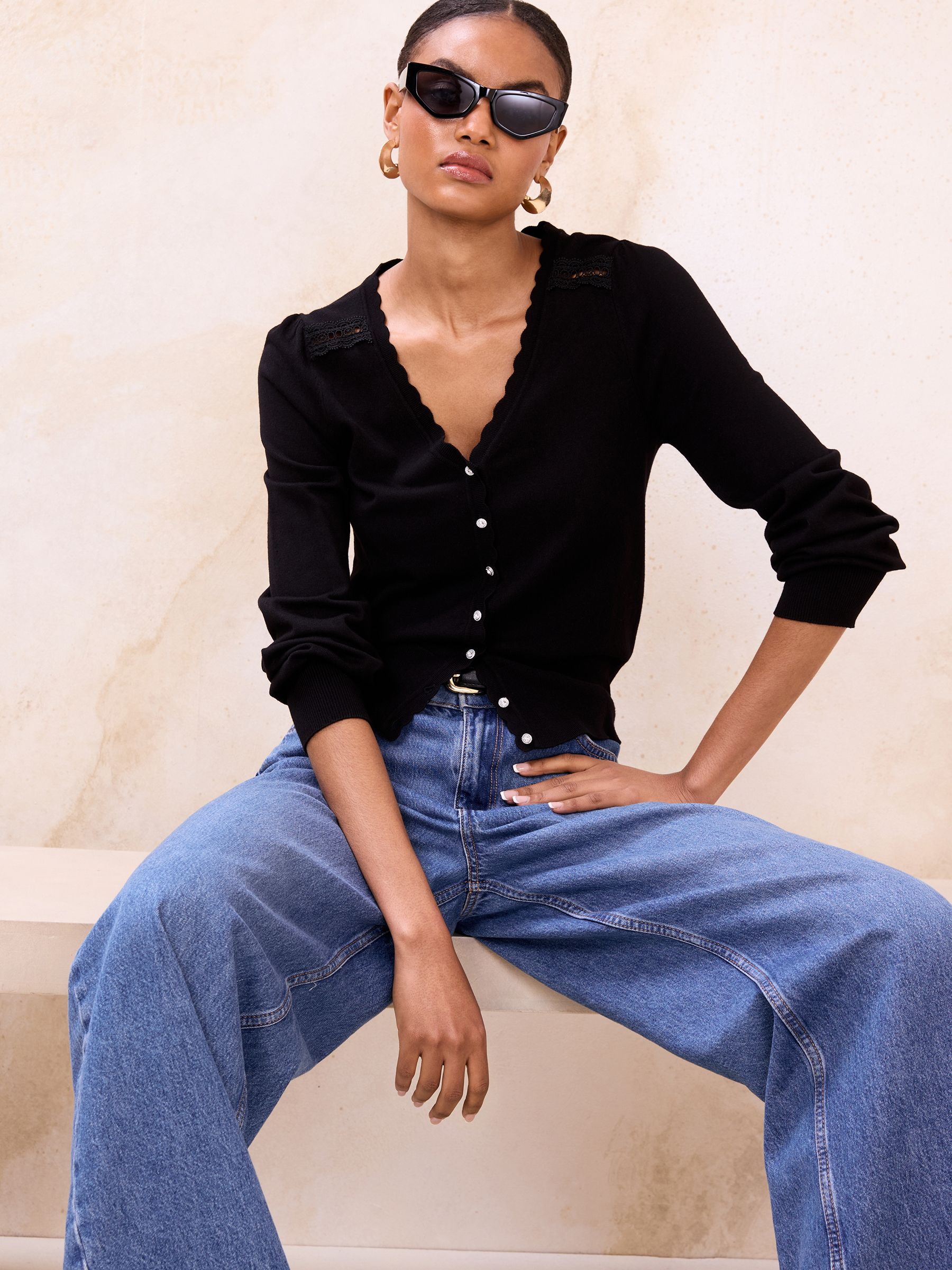 Buy Lipsy Black Lace Insert Detail V-Neck Long Sleeve Knitted