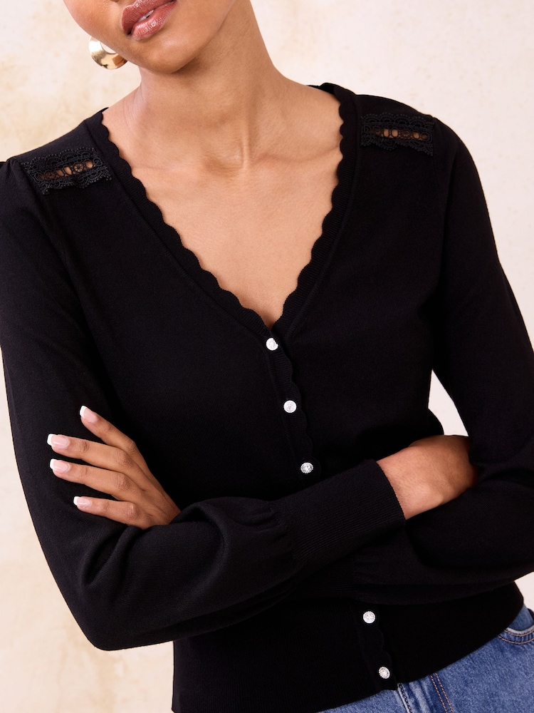 Lipsy Black Lace Insert Detail V-Neck Long Sleeve Knitted Cardigan - Image 2 of 5