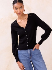 Lipsy Black Lace Insert Detail V-Neck Long Sleeve Knitted Cardigan - Image 3 of 5