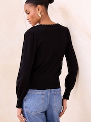 Lipsy Black Lace Insert Detail V-Neck Long Sleeve Knitted Cardigan - Image 4 of 5