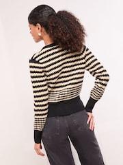 Lipsy Black/White Double Breasted Buttoned V-Neck Stripe Long Sleeve Knitted Cardigan - Image 4 of 4
