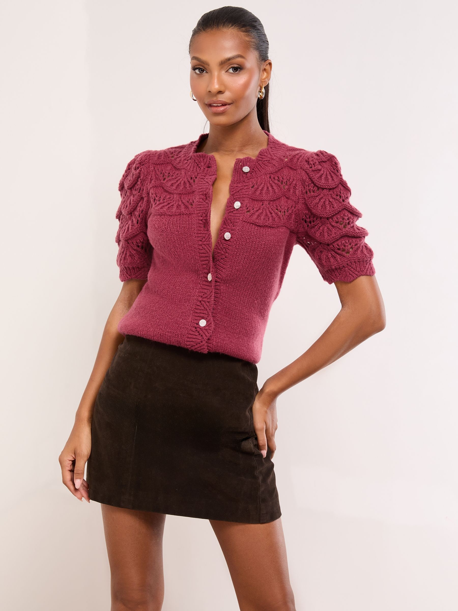 Buy Lipsy Burgundy Red Short Sleeve Scallop Pointelle Stitch