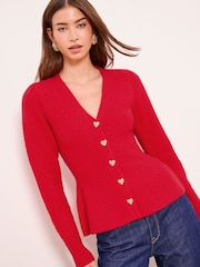 Lipsy Red Boucle V-Neck Heart Buttoned Peplum Knitted Cardigan - Image 1 of 4