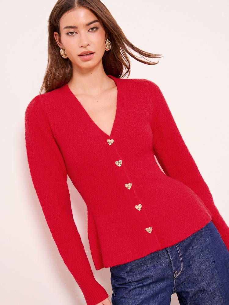 Lipsy Red Boucle V-Neck Heart Buttoned Peplum Knitted Cardigan - Image 1 of 4