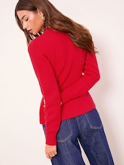 Lipsy Red Boucle V-Neck Heart Buttoned Peplum Knitted Cardigan - Image 3 of 4