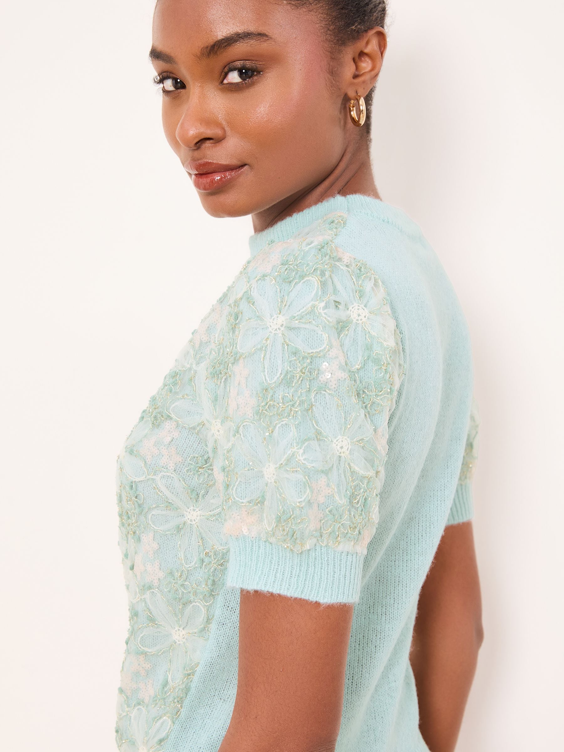Buy Lipsy Mint Green Embellished Lace Detail Short Sleeve Crew