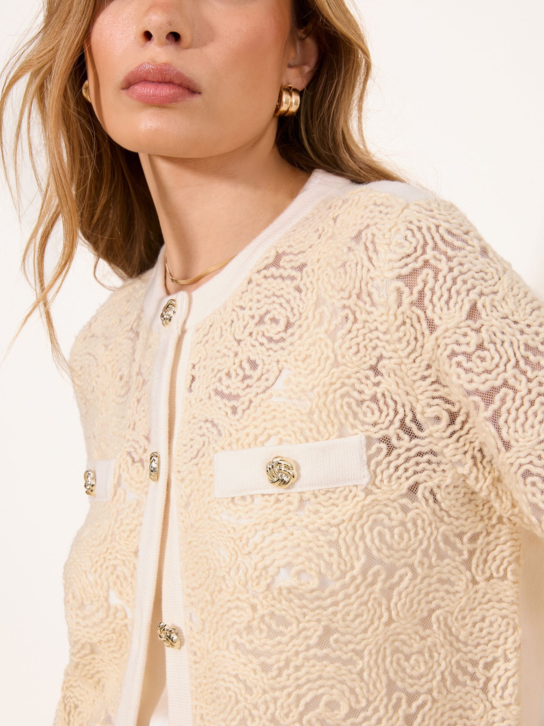 Buy Lipsy Cream Mesh Pattern Detail Long Sleeve Knitted Cardigan