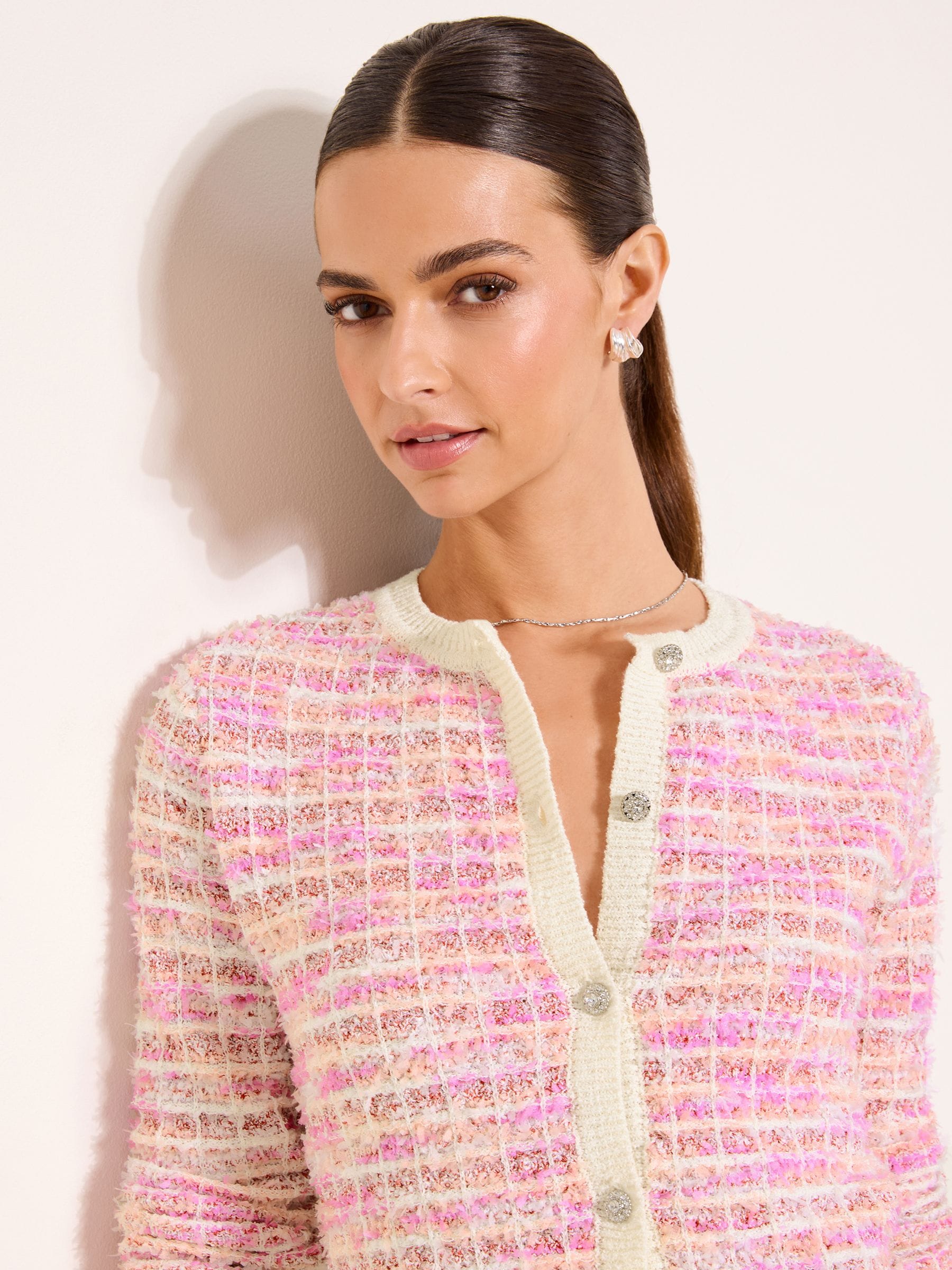 Buy Lipsy Pink Boucle Textured Long Sleeve Buttoned Tipped Knitted
