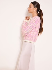 Rosa - Lipsy Boucle Strukturierte Langarm-Strickjacke mit Knöpfen und Kontrastkanten - Bild 3 von 4