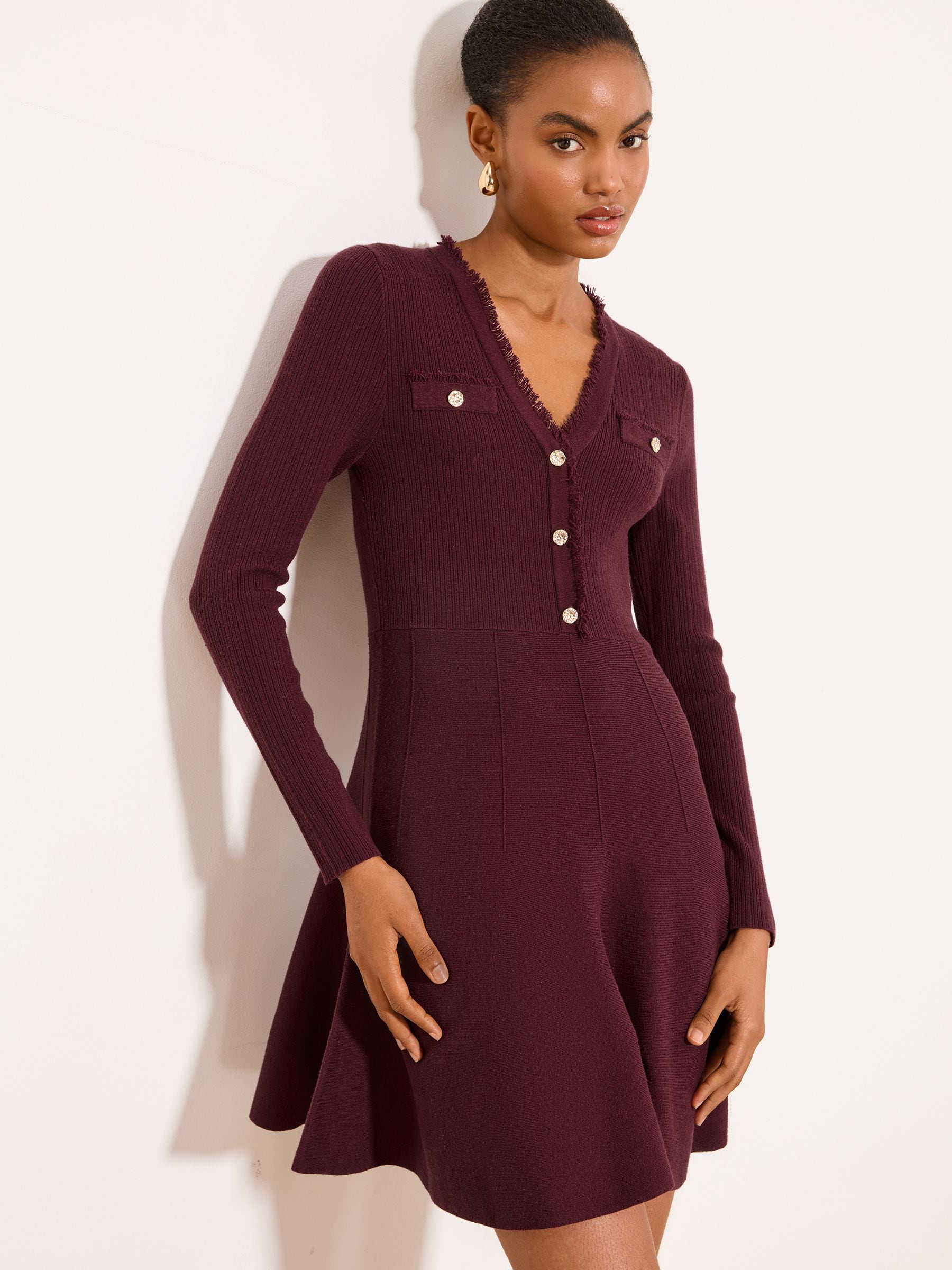 Buy Lipsy Berry Red Fringe Buttoned V-Neck Long Sleeve Mini