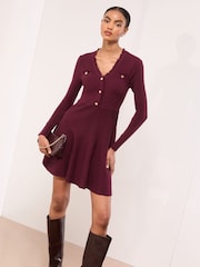 Lipsy Fringe Buttoned V-Neck Long Sleeve Mini Knitted Dress - Bilde 1 av 5
