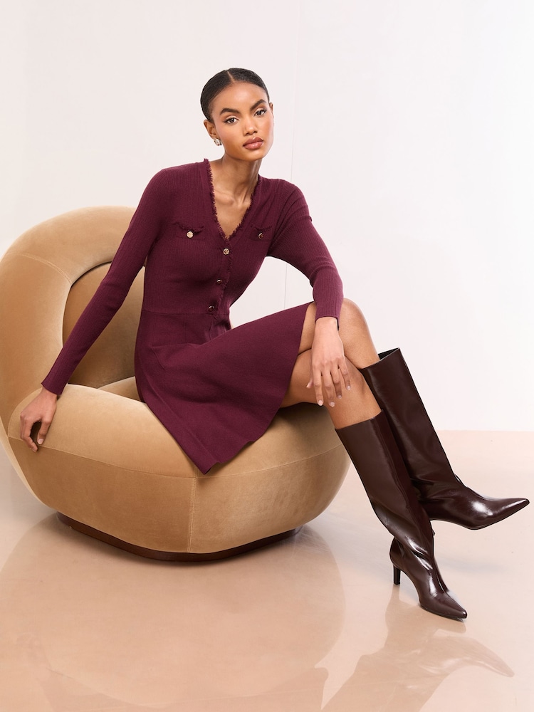 Lipsy Fringe Buttoned V-Neck Long Sleeve Mini Knitted Dress - Bilde 2 av 5