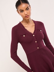 Lipsy Fringe Buttoned V-Neck Long Sleeve Mini Knitted Dress - Bilde 3 av 5